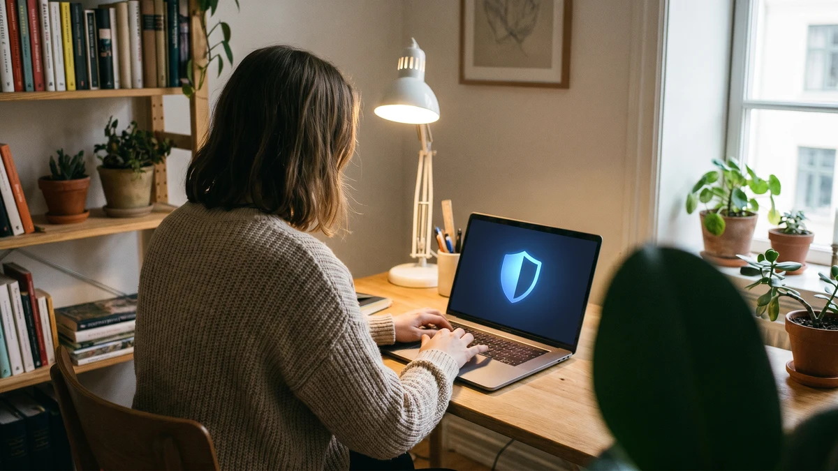Person using laptop with privacy shield on screen in a home office
