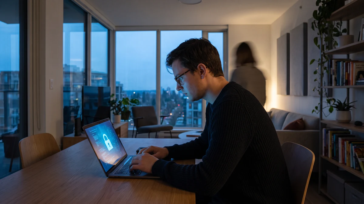 Person with glasses typing on laptop in evening apartment with security lock icon glowing on screen and city skyline visible through floor-to-ceiling windows
