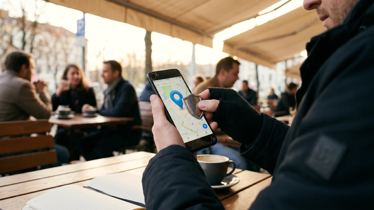 Person holding smartphone showing map with privacy shield at outdoor cafe