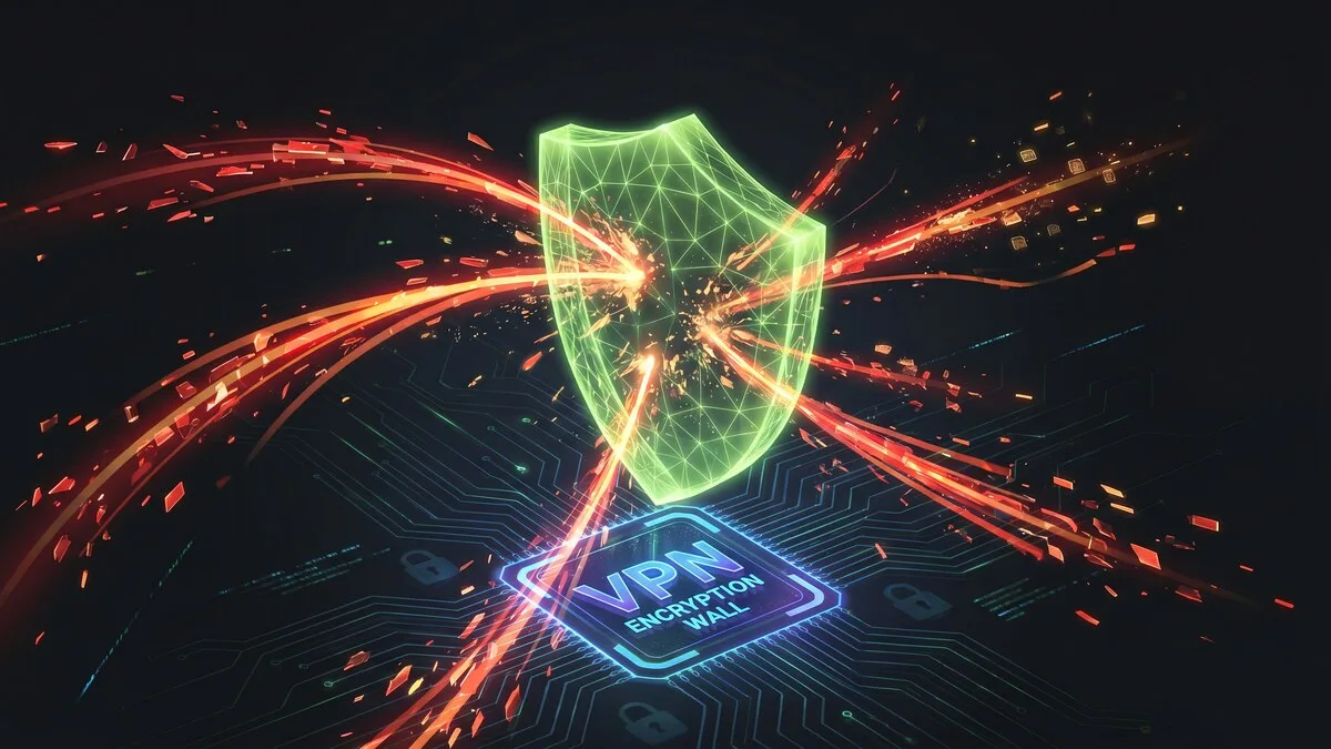 Glowing green digital shield deflecting red hacker attack beams on a dark circuit board background