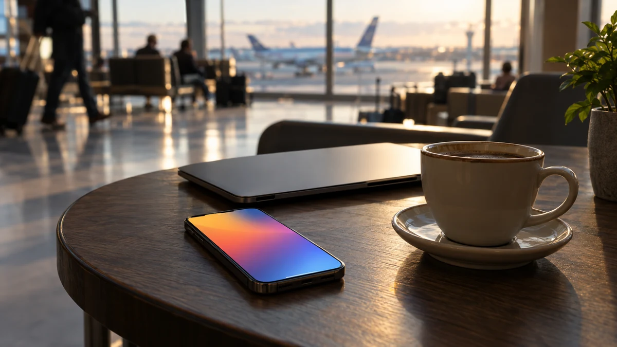 A smartphone and a coffee cup on a cafe table beside a closed laptop in an airport lounge at sunset