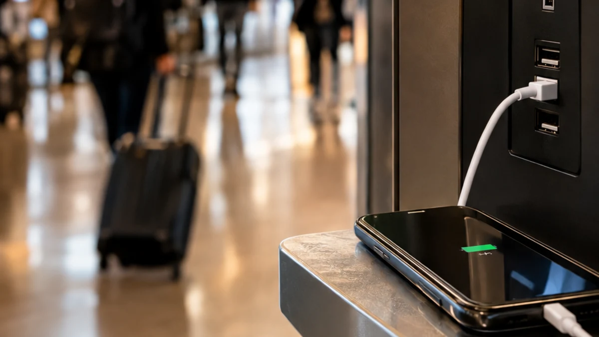 A smartphone charging at a public USB charging kiosk in a busy airport terminal, with travelers walking past in the background