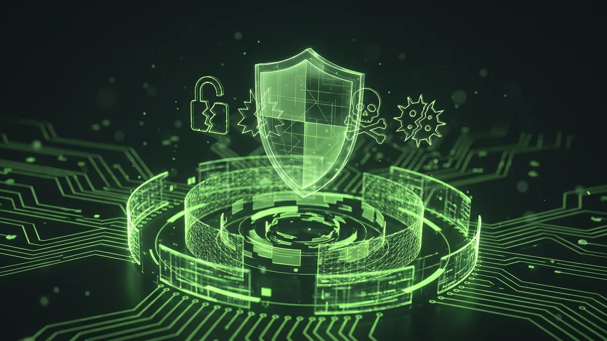 Glowing green cyber shield blocking malware and virus threats on circuit board background