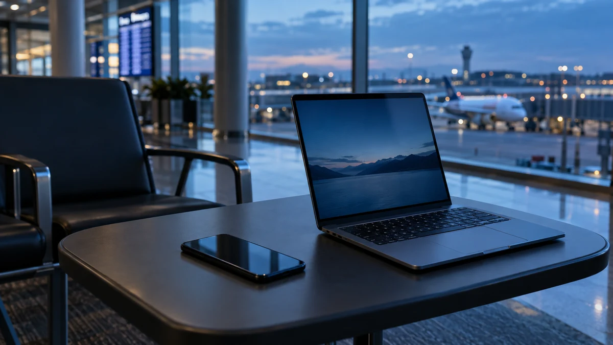A laptop and smartphone on a table in an airport seating area with planes visible through the window at dusk