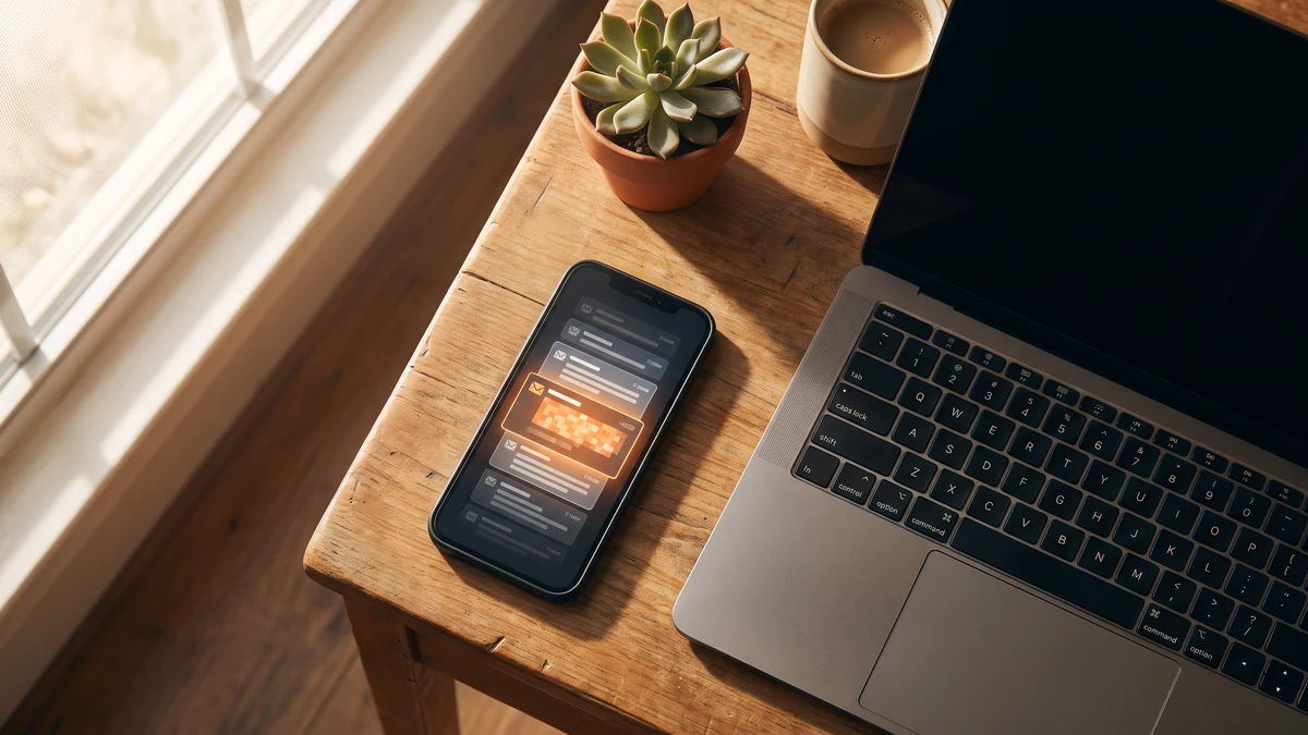 Overhead flat-lay of a smartphone showing an email inbox next to a laptop keyboard on a wooden desk in warm morning light