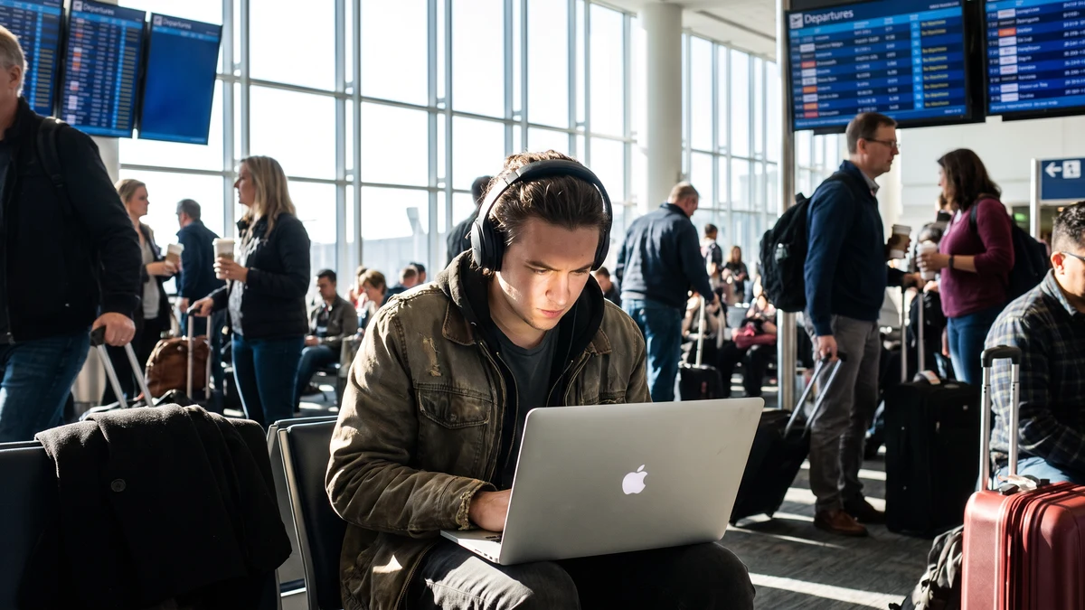 Young traveler with headphones using MacBook laptop at crowded airport terminal gate area with departure boards and other travelers in background
