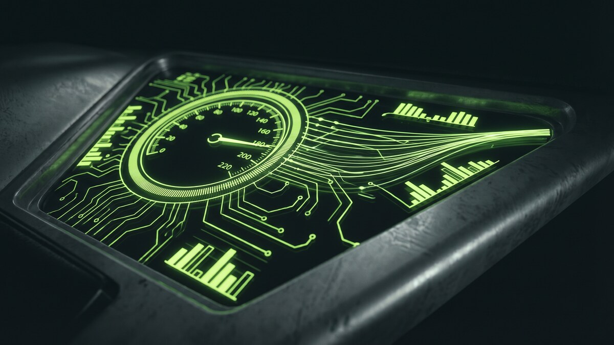 Glowing green speedometer and circuit board patterns representing VPN internet speed and network performance