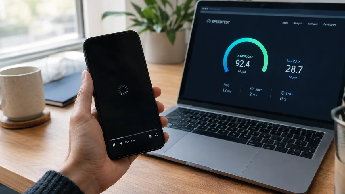 A hand holding a phone with a buffering video next to a laptop showing a speed test result, representing internet slowdown and throttling