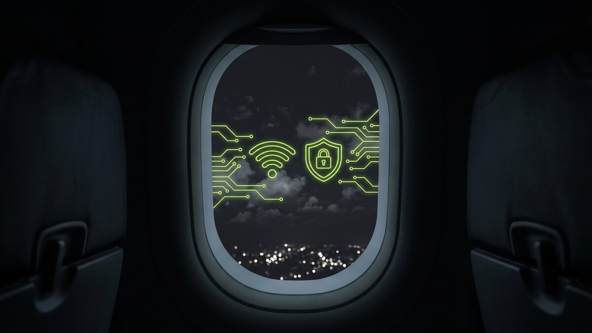 Airplane window at night with glowing green WiFi signal and security shield icons representing VPN protection on inflight internet