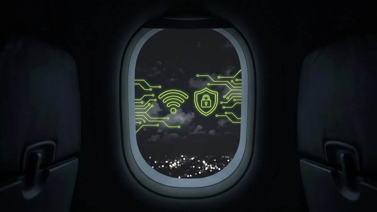 Airplane window at night with glowing green WiFi signal and security shield icons representing VPN protection on inflight internet