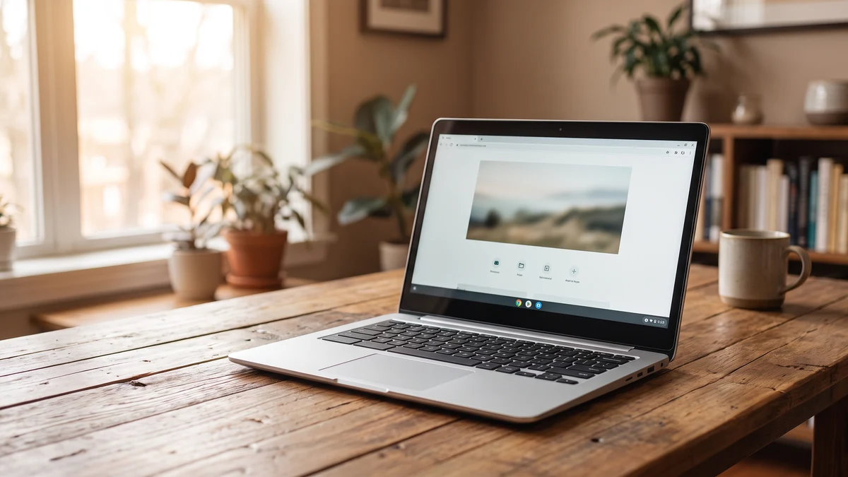 A modern Chromebook laptop open on a wooden desk with a browser window in a warm home office