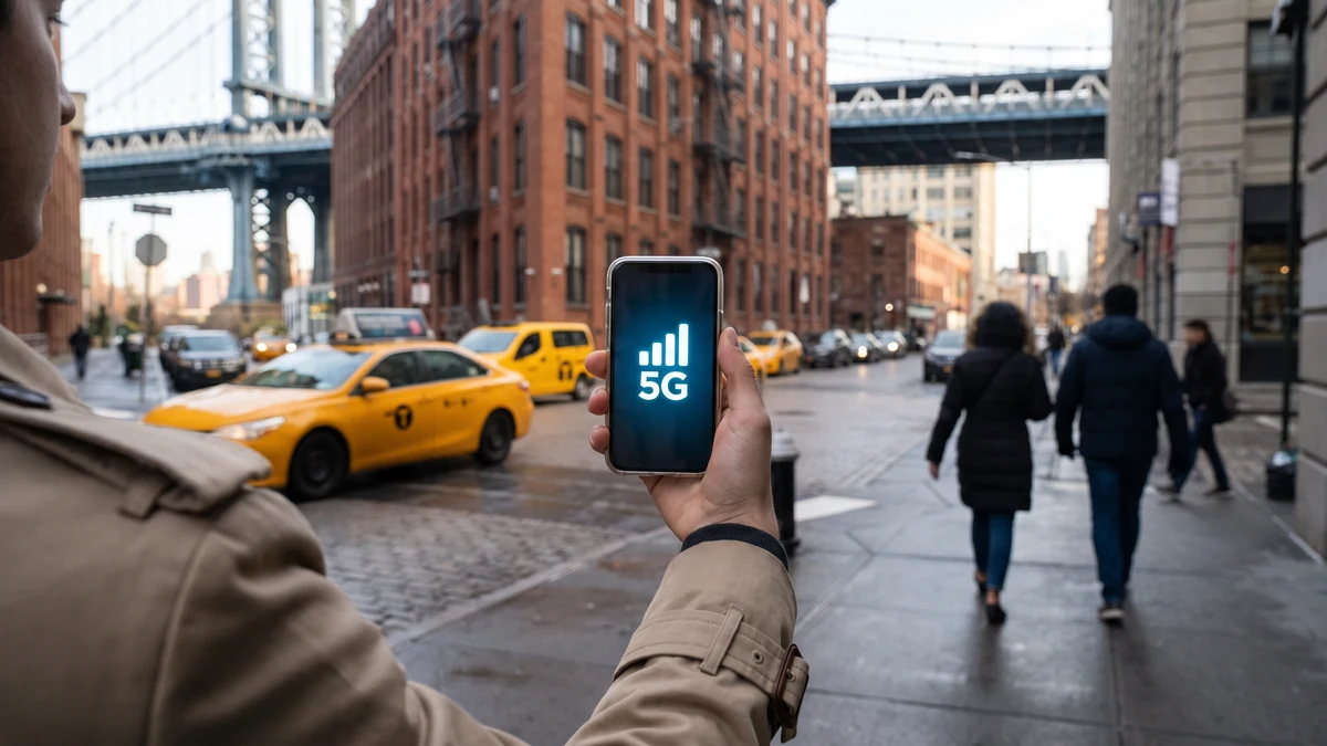 Person holding smartphone showing 5G signal in urban New York street with taxis and pedestrians