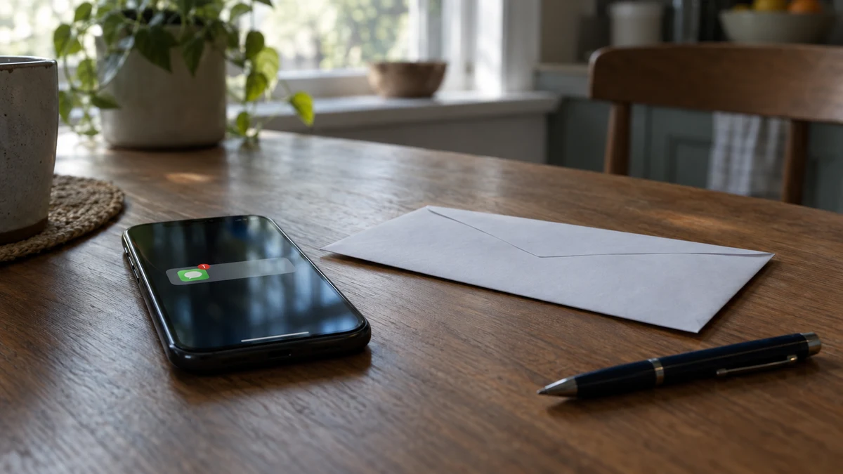 A smartphone with an unread message notification on a wooden table beside a plain mail envelope and a pen