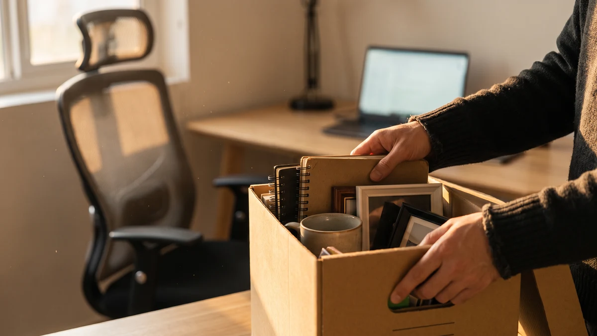 Hands packing personal belongings into a cardboard box at an office desk, with an empty chair and unlocked laptop in the background, representing an employee's last day