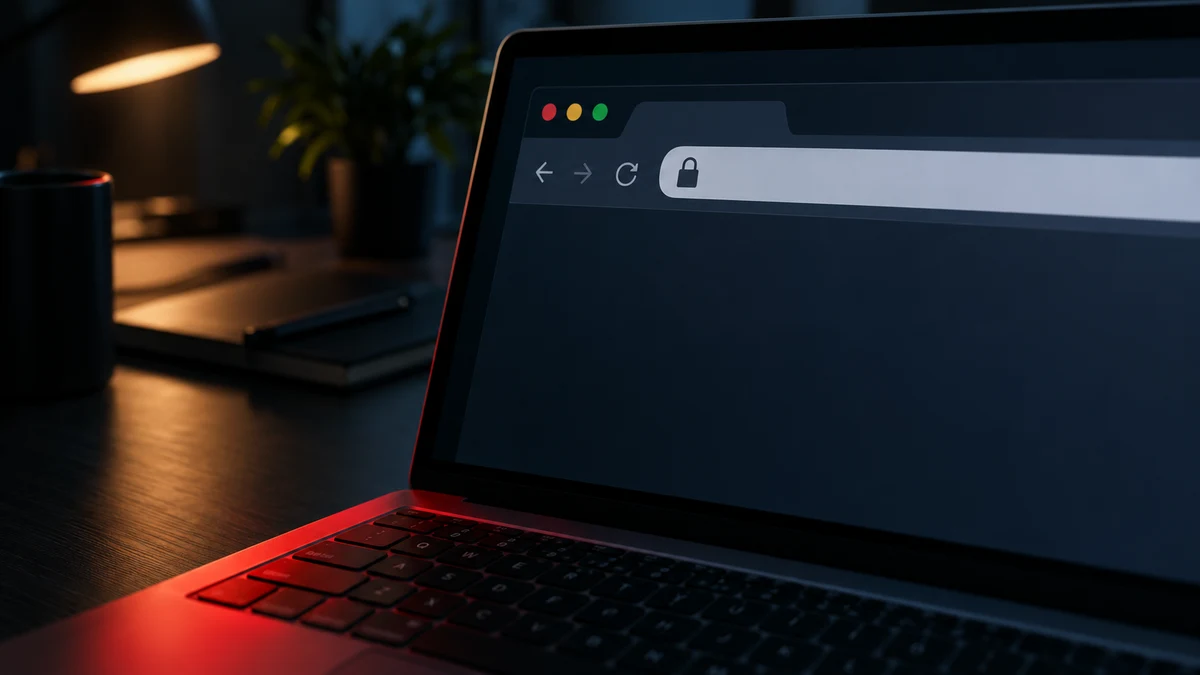 A laptop in a dark office showing a browser with a padlock icon and a red warning glow on the keyboard