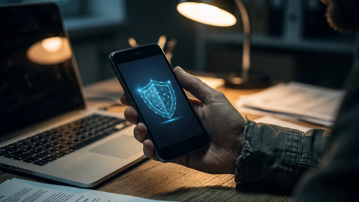 Close-up of a hand holding a smartphone displaying a glowing security shield icon, with a laptop and desk lamp blurred in the background, representing a cybersecurity investigation