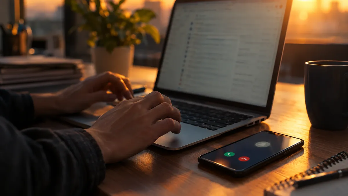 Hands typing on a laptop at a small office desk at sunset while a smartphone beside it shows an incoming call
