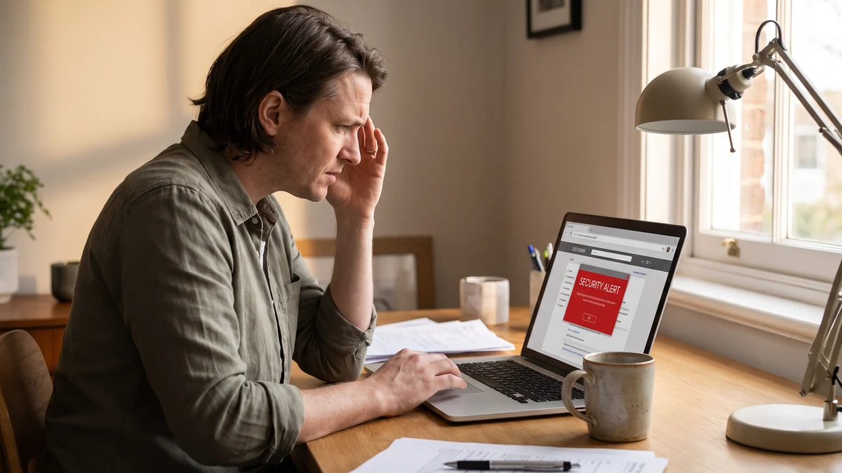 Stressed man in casual shirt looking at laptop screen showing a security alert popup in home office with natural window light and lamp