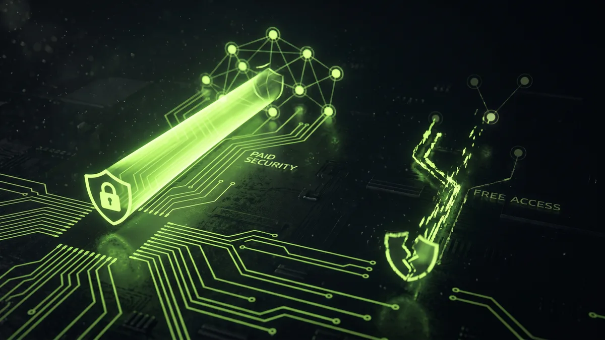 Glowing green circuit board with security shield and broken key illustrating free VPN risks