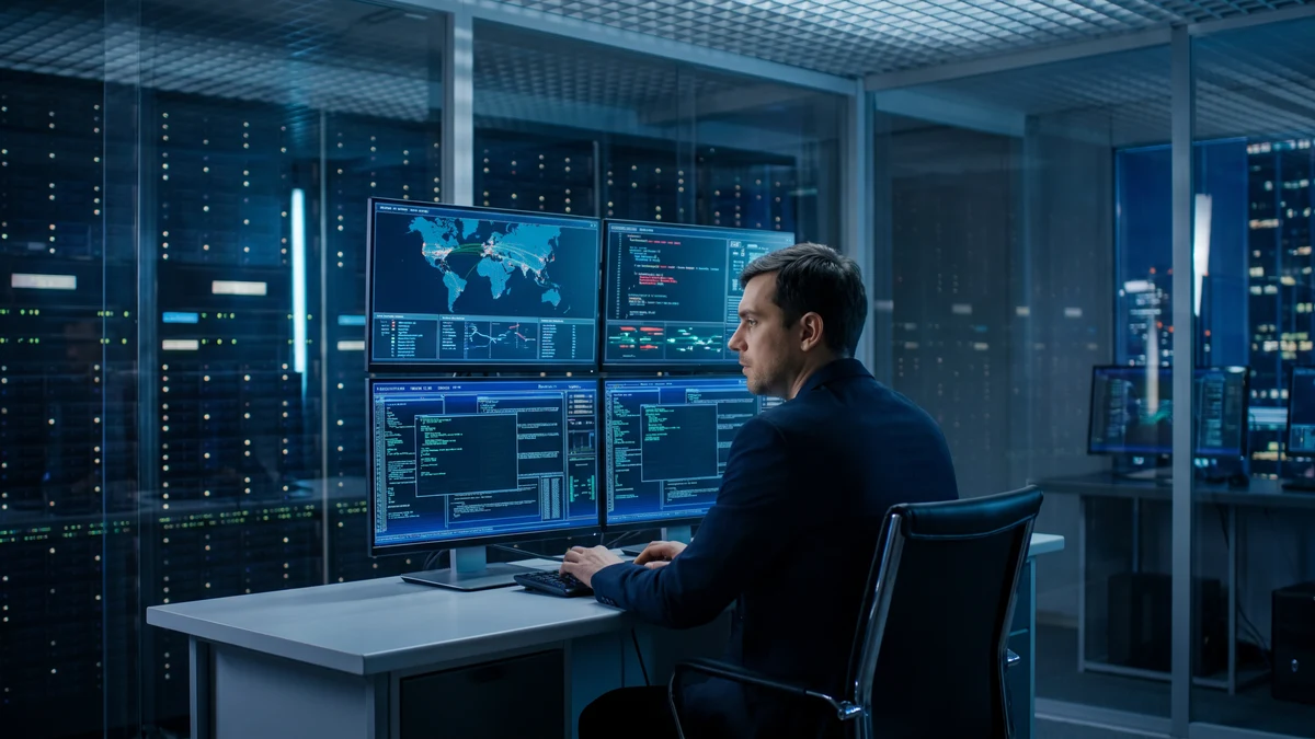 IT security professional at multi-screen monitoring workstation in darkened data center with network threat maps and code visible on screens, city visible through glass walls