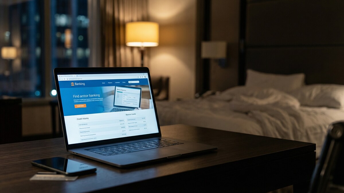 Laptop open on a banking website on a hotel room desk at night
