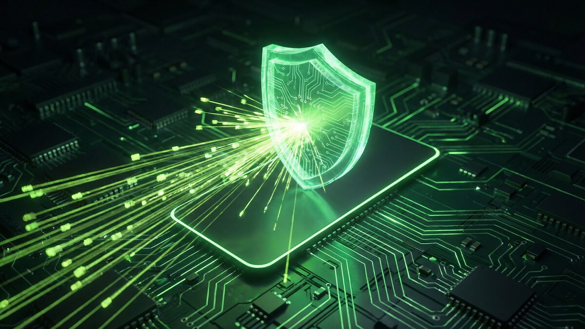 DNS filtering shield blocking malicious domains on a circuit board network, CyberFence green cyber visualization
