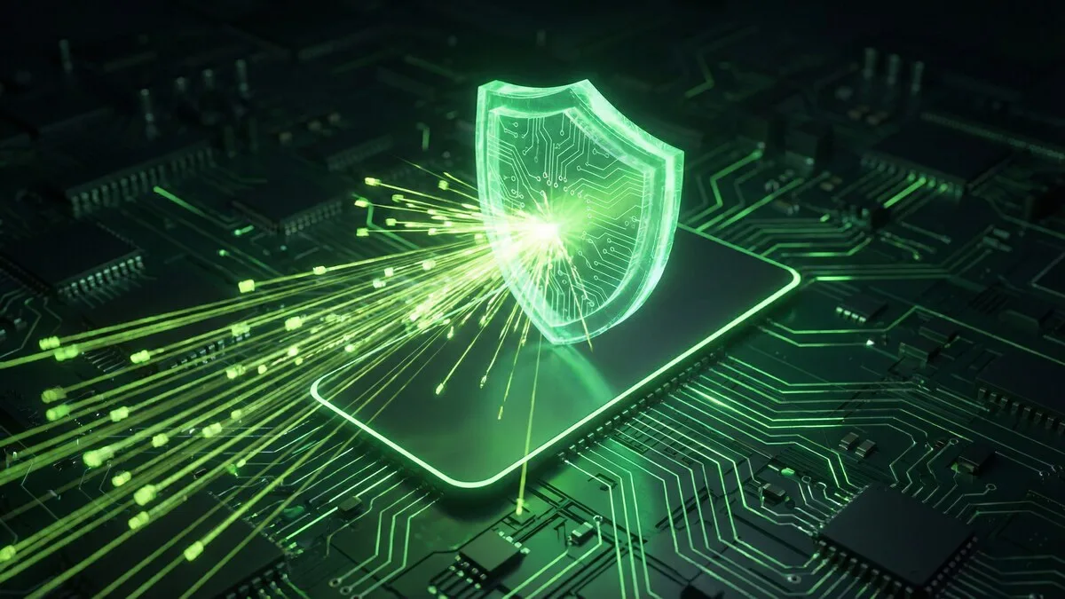 DNS filtering shield blocking malicious domains on a circuit board network, CyberFence green cyber visualization