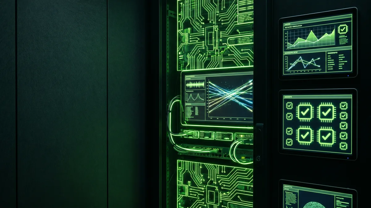Glowing green network verification screens and circuit board diagnostics on dark background representing VPN connection testing