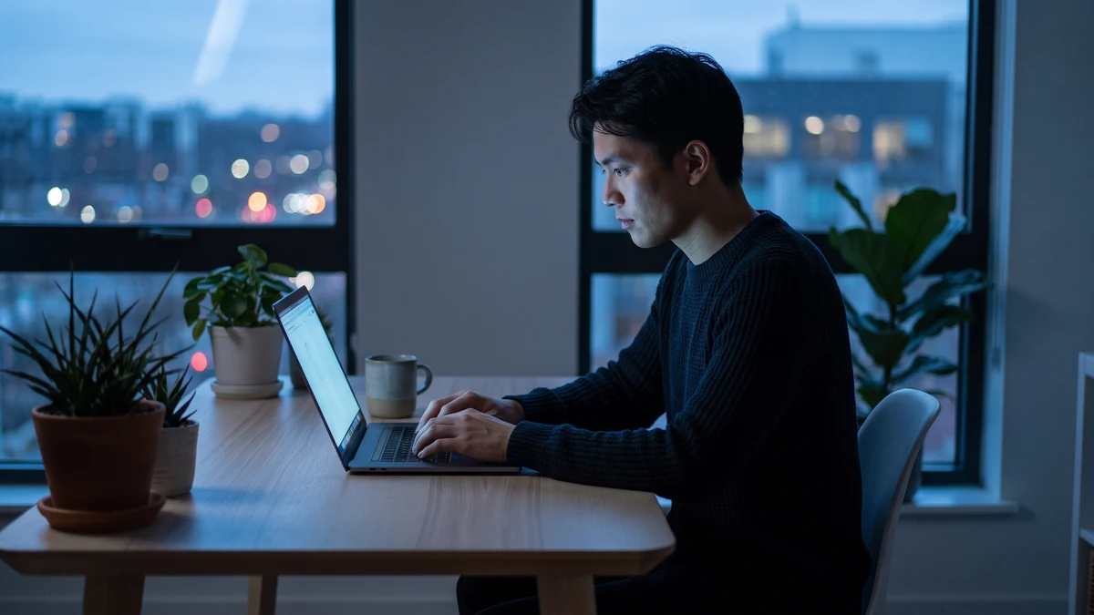 Person working on laptop in a modern minimal setting with soft blue ambient light suggesting digital security and encryption