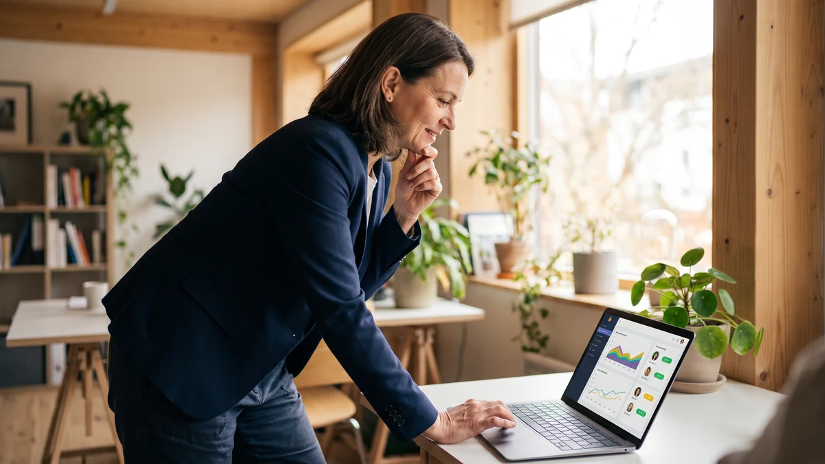 Small business owner reviewing a team security dashboard on a laptop in a bright office