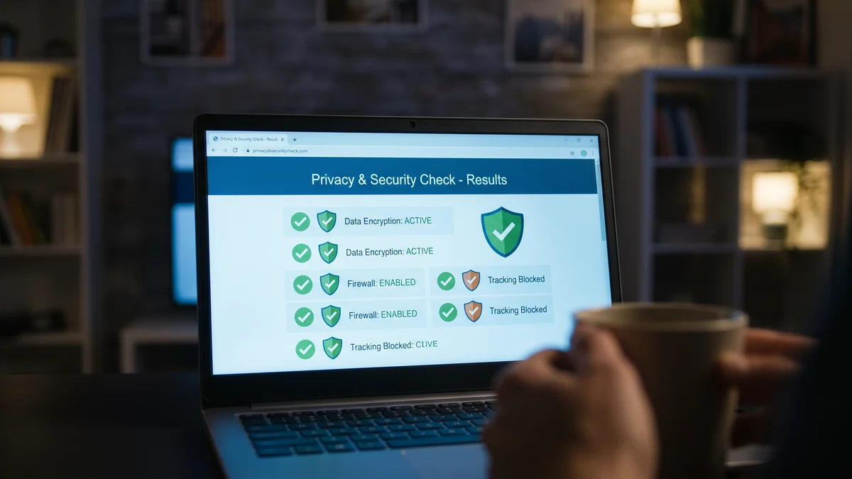 Laptop showing VPN security check results with green checkmarks in a dark home office