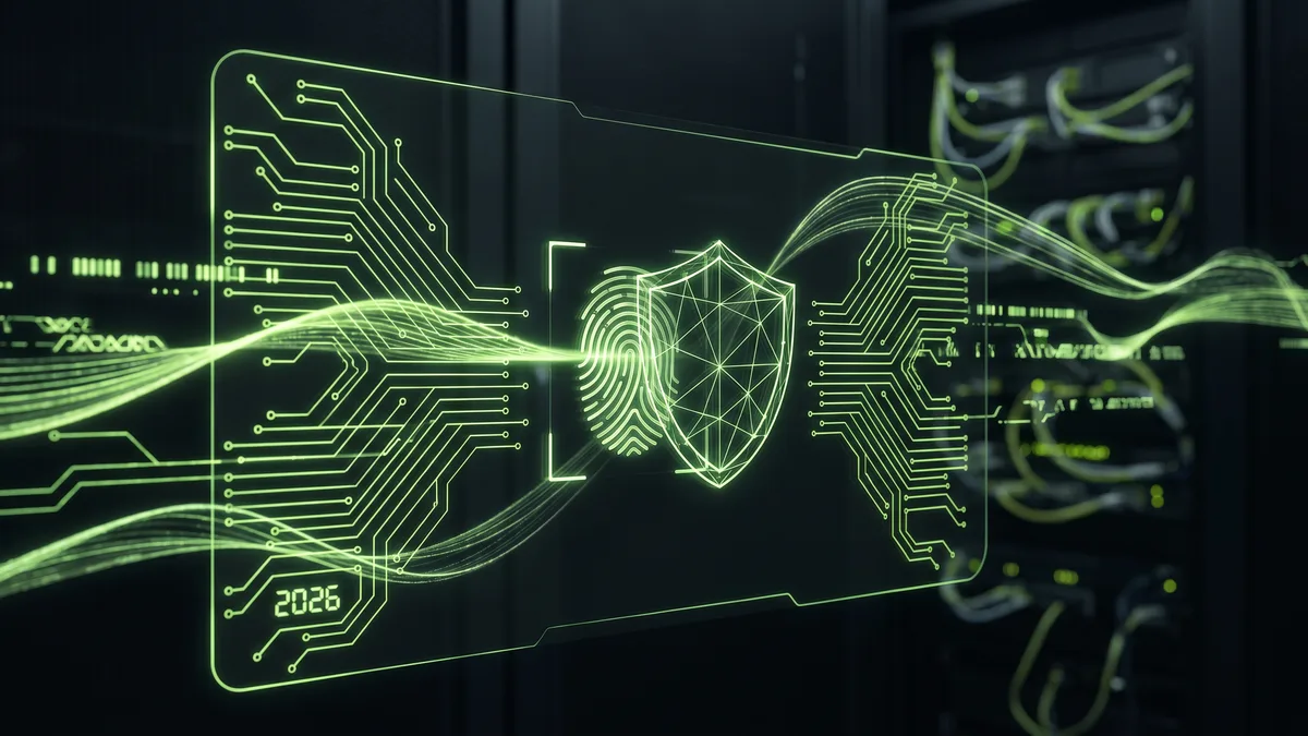 Glowing green digital shield and fingerprint scan on dark circuit board background representing identity theft protection in 2026