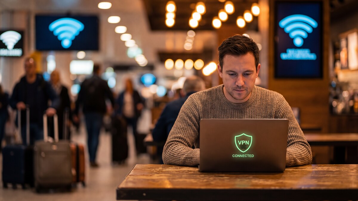 Person using a laptop securely at an airport with VPN connected