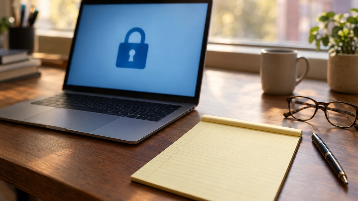 A laptop showing a blue padlock beside a blank legal pad, pen, and reading glasses on a wooden desk, representing the legal status of using a VPN