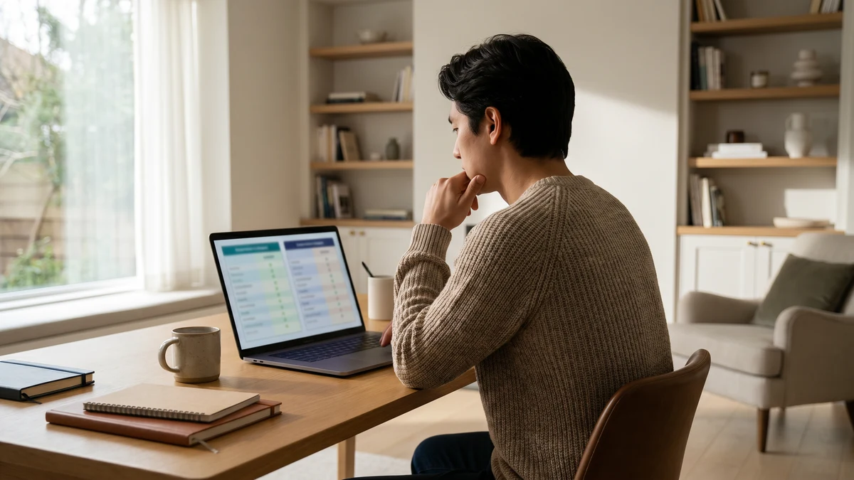 Person thoughtfully reviewing information on laptop in modern home office