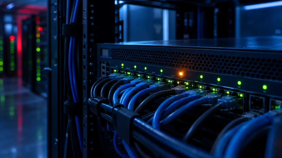 A rack-mounted network appliance in a dim server room with one amber warning light among green status lights