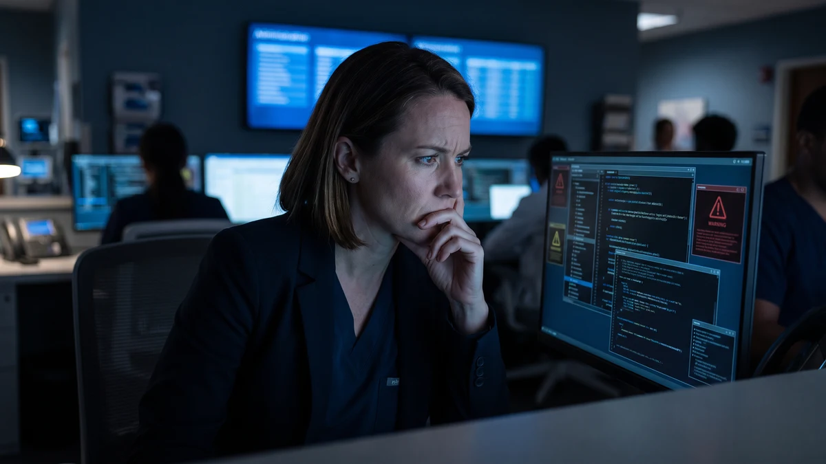 Security professional in dark blazer studying warning alerts on a monitor in a dim operations center with screens and colleagues visible in the background