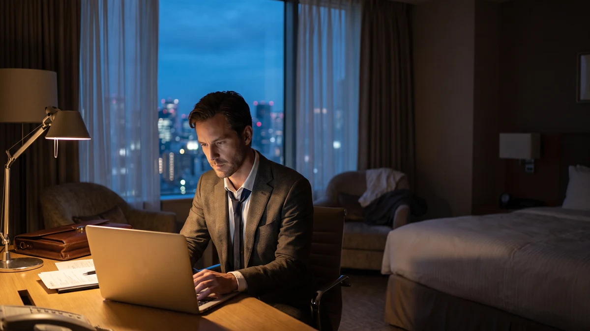 Business traveler in suit working on laptop at hotel room desk at night with city skyline glowing through window curtains behind him