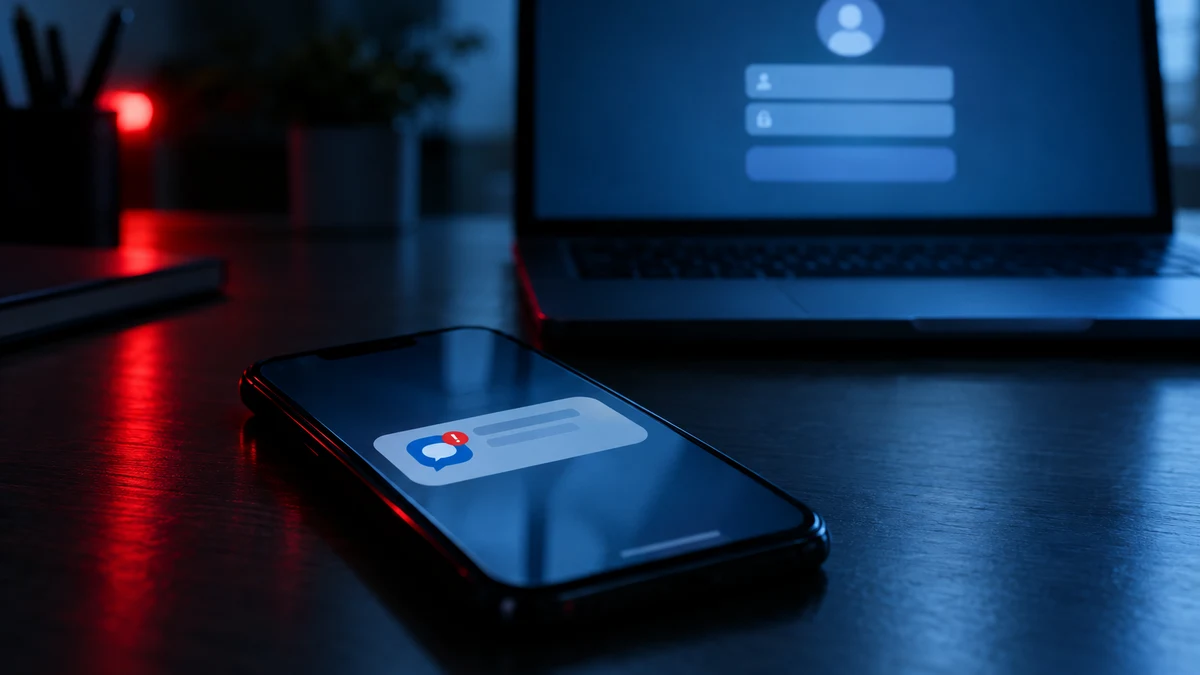 A smartphone with an unread message notification on a dark desk beside a laptop showing a login form