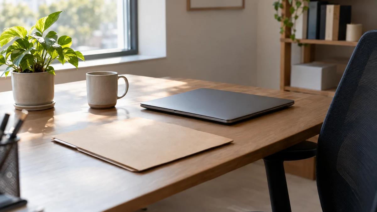 An empty desk prepared for a new employee's first day, with a closed laptop, a plain folder, a coffee mug and a small plant in morning light