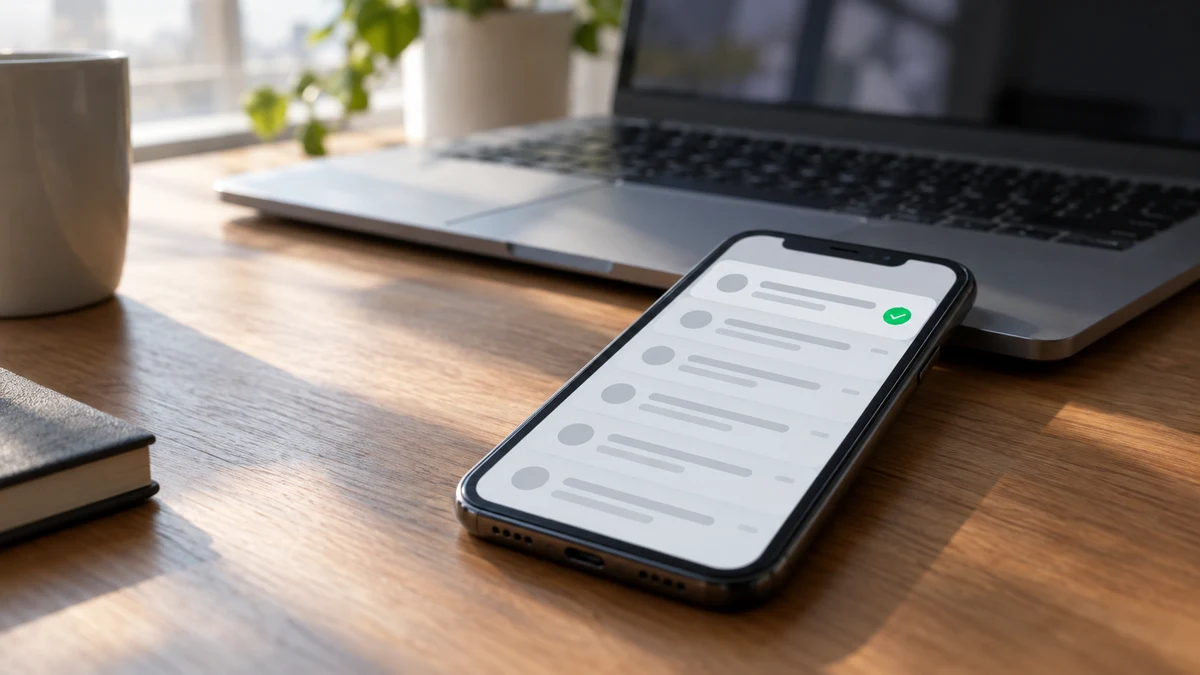 A smartphone on a wooden desk showing an abstract email inbox with a green verified checkmark badge on the top message