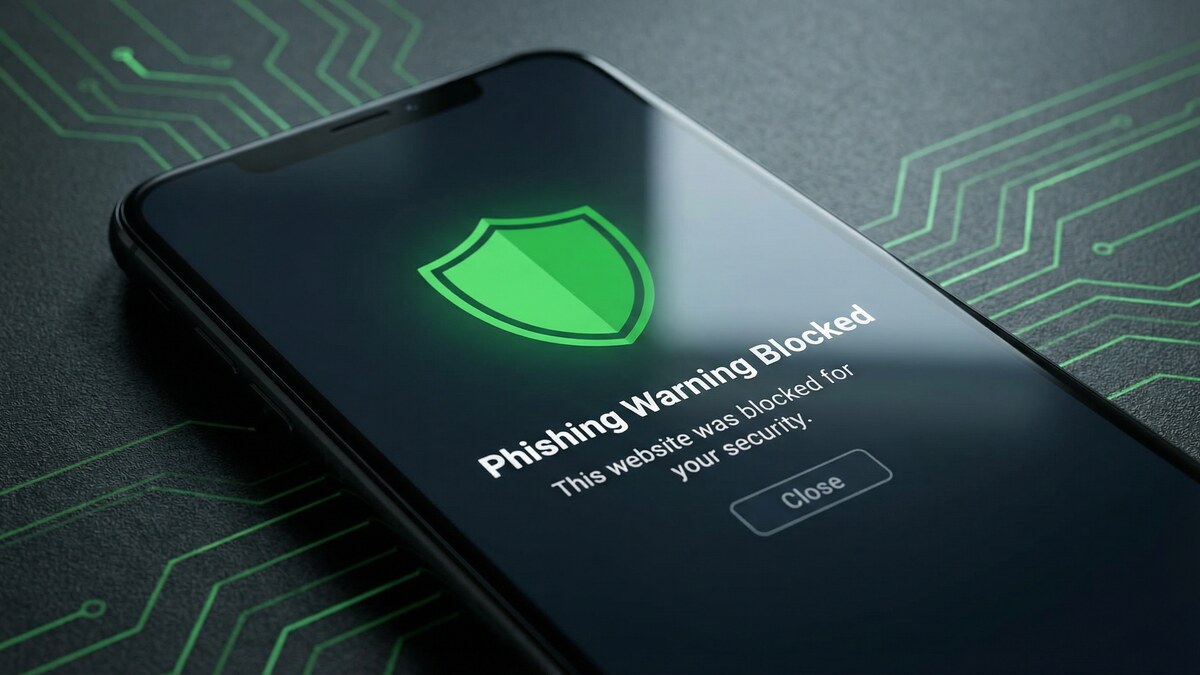 Smartphone showing phishing warning blocked notification with green shield