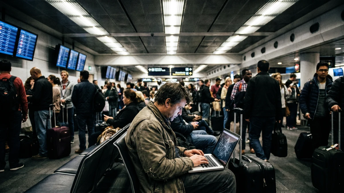 Traveler using laptop at crowded airport terminal surrounded by other passengers