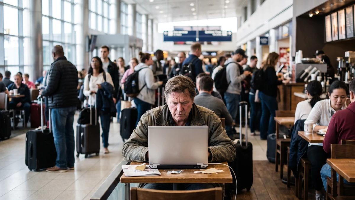 Person working on laptop in a crowded airport terminal on public Wi-Fi
