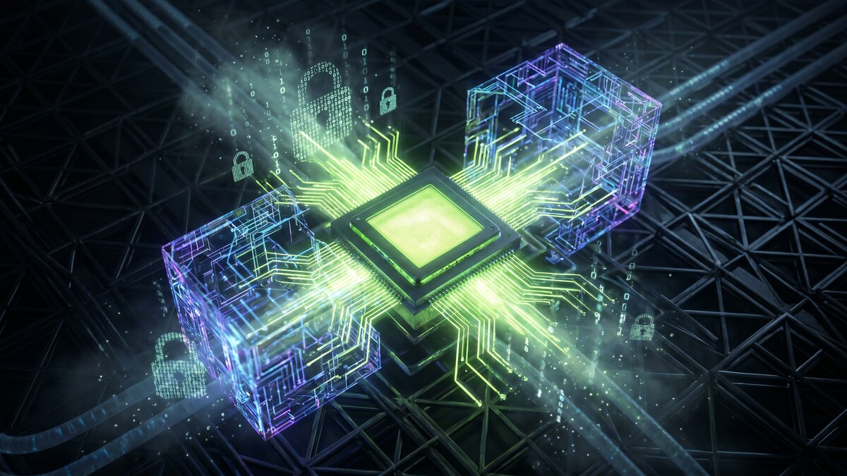 Quantum processor chip with glowing green circuit lines and dissolving padlock icons representing quantum computing threat to encryption