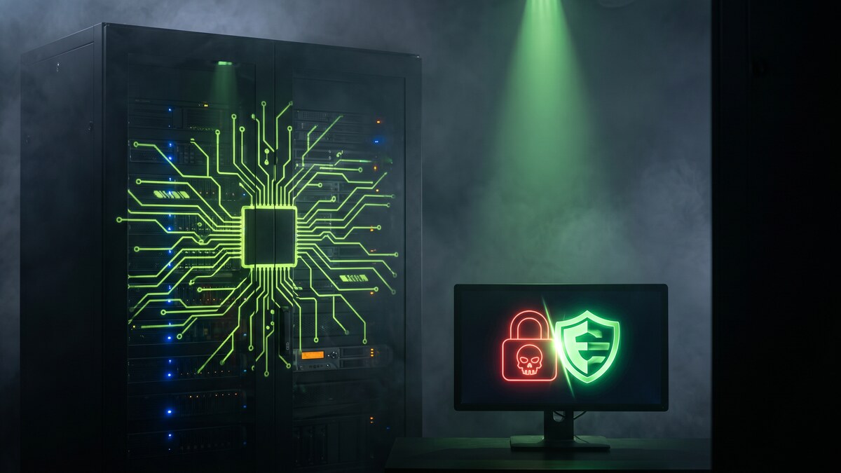 Server rack with green circuit board patterns next to monitor showing red ransomware skull blocked by green security shield
