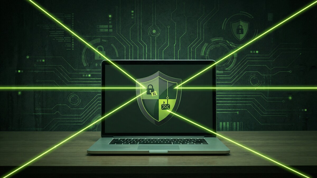 Remote work laptop under multiple cybersecurity threat vectors, CyberFence green shield protection visualization on dark circuit background