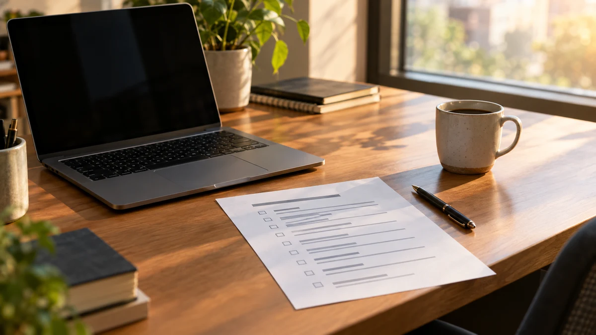 A tidy desk with a laptop, a printed one-page checklist, a pen and a coffee mug in warm window light