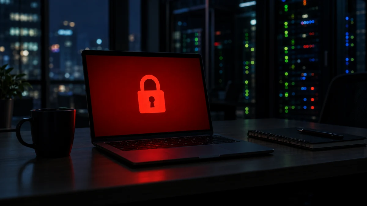 A laptop in a dark office showing a glowing red padlock on its screen, with server lights blurred in the background