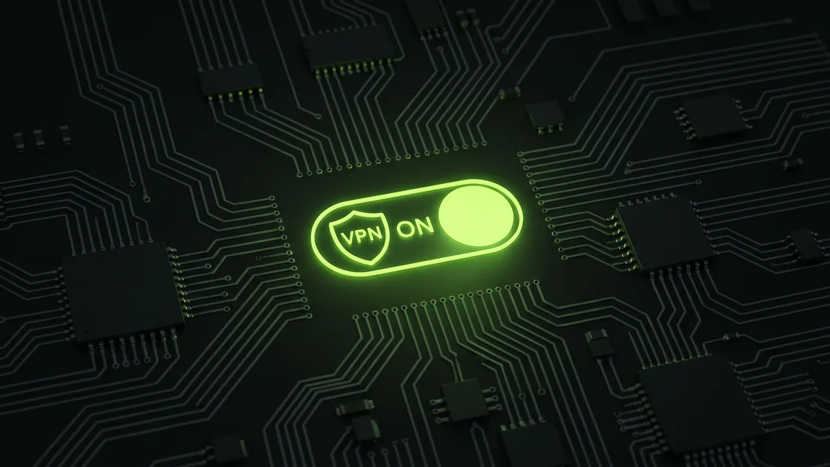 Glowing VPN toggle switch in the ON position on a dark circuit board background